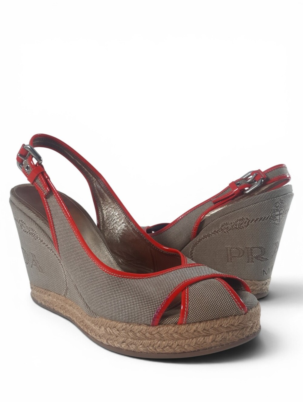'06 PRADA Logo Platform Wedge Espadrille Sandal Jacquard Red Italy Y2K Canvas 8